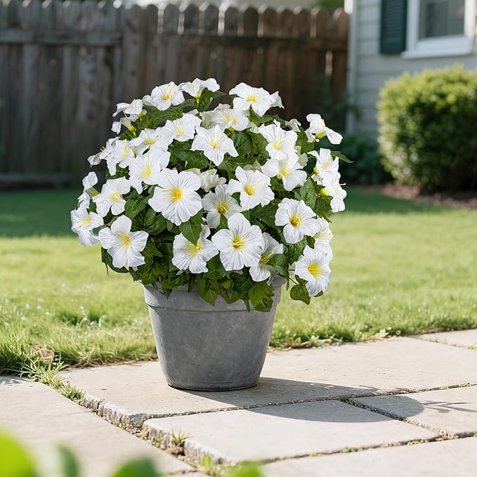 Brlita 19 Inch Artificial Fake Flowers for Outdoor,4 Pcs Faux Silk Petunias Spring Flowers for Outside for Indoor Porch Planter Front Door Garden Patio Window Box Home Decor(White)