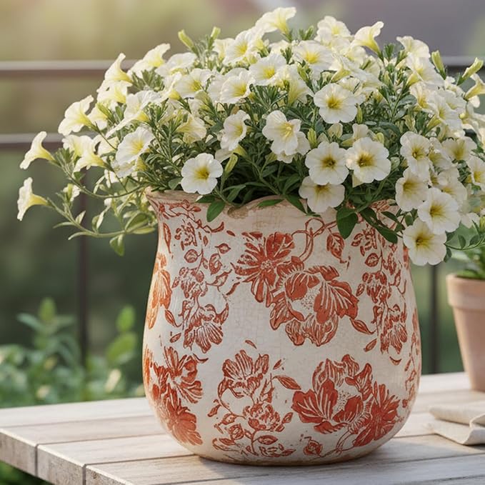 Country Farmhouse Planters for Spring Decor, 6.11 Inch Vintage Distressed Ceramic Plant Pot with Drainage for Indoor Plants, Terracotta Pots & Italian Tuscan Decor, Gardening Gifts (Red Flower)