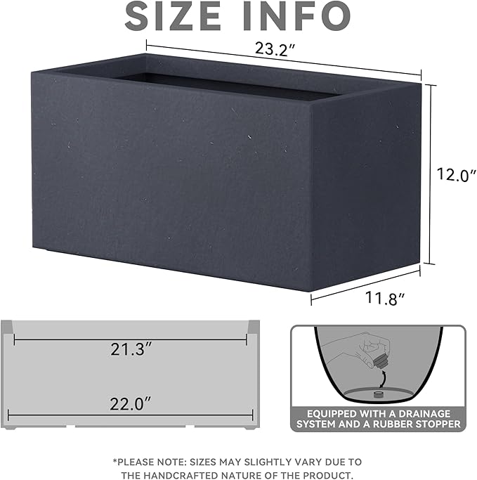 Kante 23.2" L Long Rectangular Concrete Planter, Large Outdoor Indoor Garden Pots with Drainage Hole and Rubber Plug, Charcoal