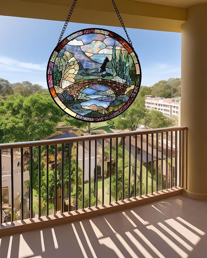 AMDERVEN Stained Glass Window Hanging, Blue Landscape Arch Bridge Sun Catcher for Door Home Decor Suncatcher Christmas Mother's Day Birthday Gifts for Women Men Mom and Nana 7.8 in