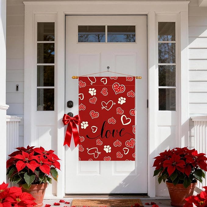 Red Love Heart Dog Paw Print Valentine’s Day House Flag large 28X40 Inch Big Vertical Double Sided Yard Outdoor Outside Holiday Decoration