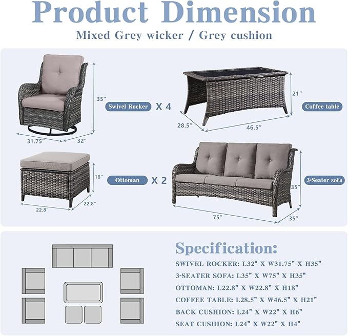 Belord Wicker Patio Furniture Sets - 8 Piece Rattan Outdoor Furniture Conversation Sets with 4 Swivel Rocker Chairs, Rattan Sofa, Wicker Ottomans and Coffee Table, Mixed Grey/Grey