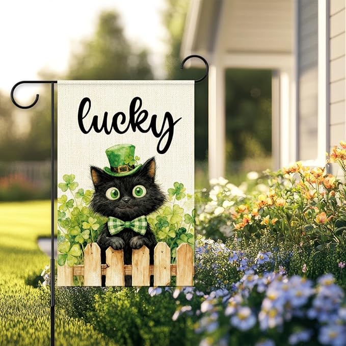 St Patricks Day Garden Flag 12x18 Inch Double Sided,Lucky Shamrocks Cat with Green Hat Outdoor Irish Decor House Porch Flag for St Patrick's Day Party and Yard Decorations
