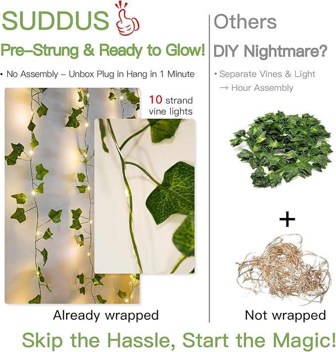 suddus 300 LED Vines with Lights Plug in, 9.8ft x 9.8ft Fairy Lights with Vines, Ivy Curtain Lights for Wall, Bedroom, Dorm, Wedding, Party, Indoor, Outdoor Decor(Warm White)