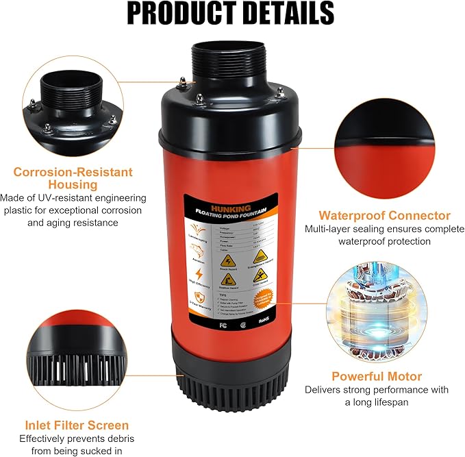 H1-1 Pond Fountain Aerator - 1HP 750W 16000 GPH Floating Aerating Pump with Timer, 120V/100FT Power Cord/2 Nozzles Outdoor Water Circulation Pump for Small Large Ponds, Lakes, Water Gardens