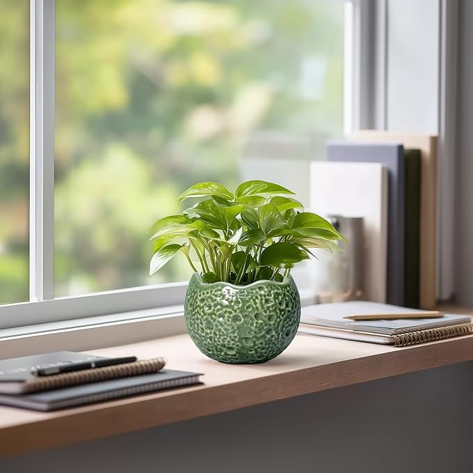Thirtypot Ceramic Plant Pots - 4 inch Plant Pot with Drainage Hole, Small Pots for Plants Indoor Outdoor, Unique Round Planter, Modern Decorative Flower Pot, Room Decor, House Warming Gifts, Green