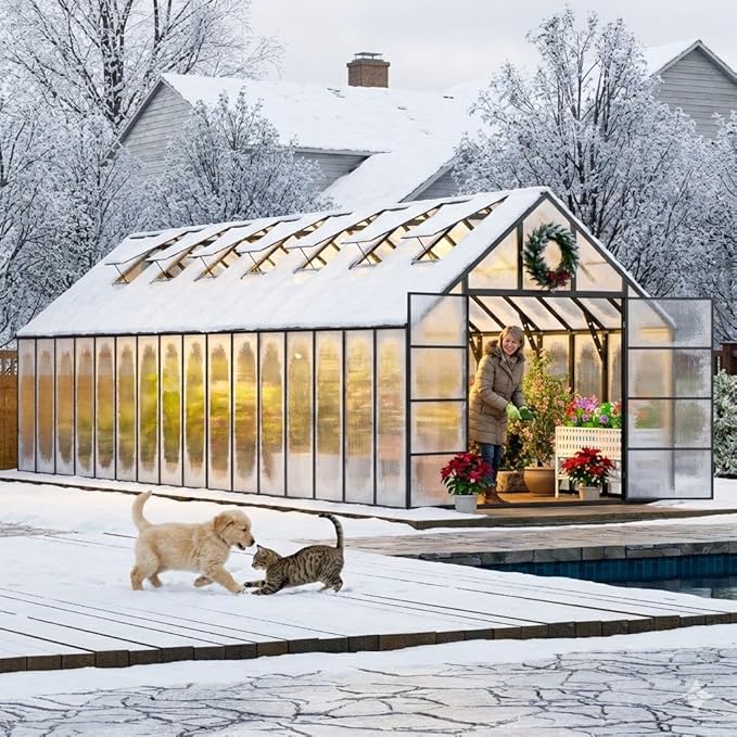 WACASA 32x10x10 FT Greenhouse for Outdoors, Easy Assembly Thickened Aluminum Polycarbonate Greenhouse Kit with 7 Vent Windows, Swing Door, Walk-in Sunroom for Patio and Backyard
