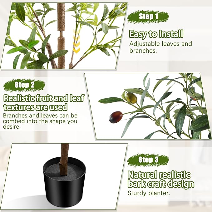 4FT Artificial Olive Tree Indoor, Tall Faux Olive Tree with Pot&Basket, Large Fake Olive Tree with Realistic 576 Silk Leaves and 32 Fruits for Living Room Home Office Decor