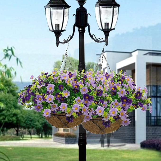 Lamsze Artificial Hanging Flowers with Basket,Fake Daisy Flowers in 12 inch Coconut Lining Hanging Baskets for The Decoration of Courtyard, Indoors, and Outdoors(Purple)