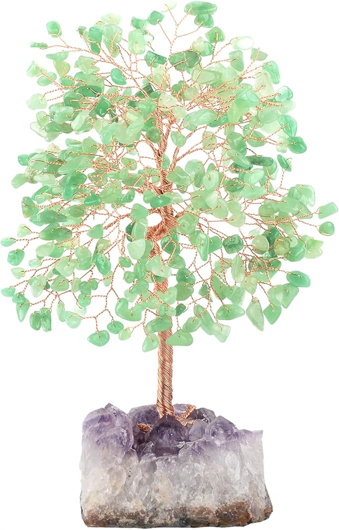 MASGEMES Crystal Tree of Life,Natural Green Aventurine (406 Beads Count) Amethyst Cluster Base, Positive Energy Feng Shui Gem Bonsai Money Tree Good Luck,Gift Size 8.5-9 Inches