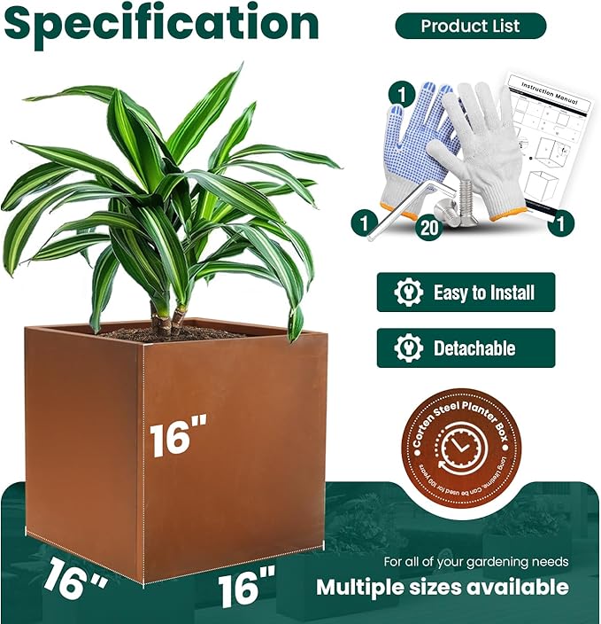 GZGNEEVL Corten Steel Planter Box Metal Planters Square Outdoor Steel Planter Cube Rustic Flower Pot 16 Inch Integral Durable Antique for Commercial Residential Garden Patio Deck and Backyard