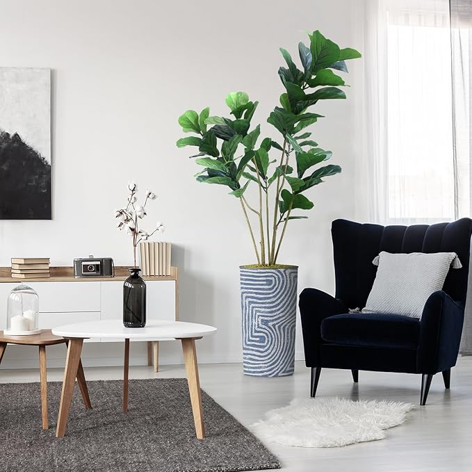 Artificial Tree in Contemporary Geometric Pattern Planter, Fake Ficus Lyrata Silk Tree for Indoor and Outdoor Home Decoration - 66" Overall Tall (Plant Pot Plus Tree)