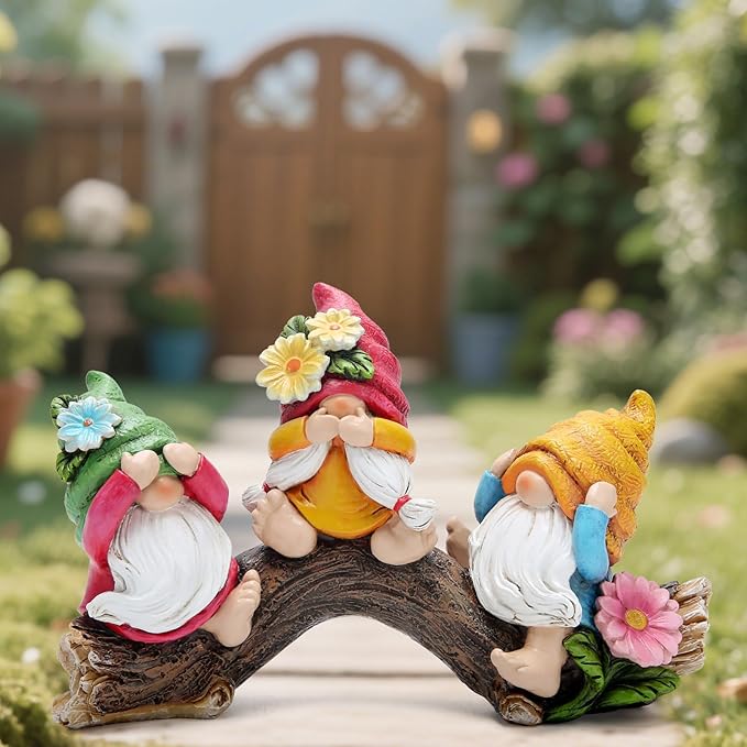 Hodao Spring Hear-No, See-No, Speak-No Gnomes Figurines Decorations Outdoor Flower Gnome Ornaments Decor for Home Table, Garden Yard, Flower Bed Summer Garden Gifts Decor for Mom
