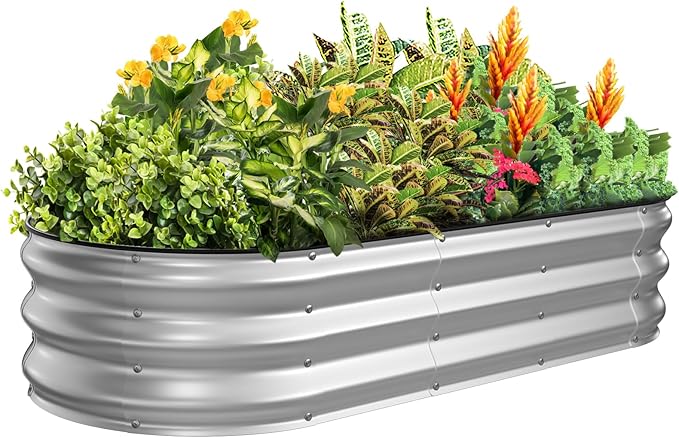 Kesfitt Raised Garden Bed, 5x2x1 FT Galvanized Steel Metal Raised Garden Bed, Oval Open-Bottom Design, 12-Inch Deep for Outdoor Vegetable & Herb Gardening, Silver