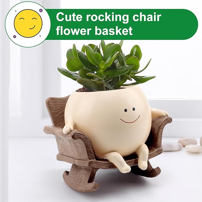 KIUGCO Cute Resin Flower Head Planters, Smily Face Planter Pots for Indoor Plants, Sit Rocking Chair Succulent Flower Pots with Drainage Hole, Gift IdeaI for Birthday