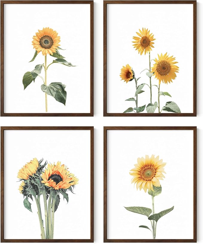 HAUS AND HUES Sunflower Wall Decor - Set of 4 Framed Sunflower Art Prints, Yellow Wall Art for Kitchen or Bedroom, Vintage Flower Paintings (Walnut Frame, 11x14)