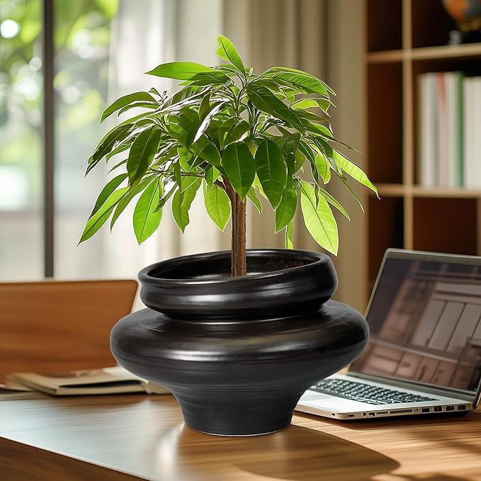 Teagas Ceramic Pots for Plants 11 Inch - Bonsai Planter for Outdoor Plants, Black Planter with Drainage Hole, Decorative Plant Pots for Home Decor, Gift for Women Men