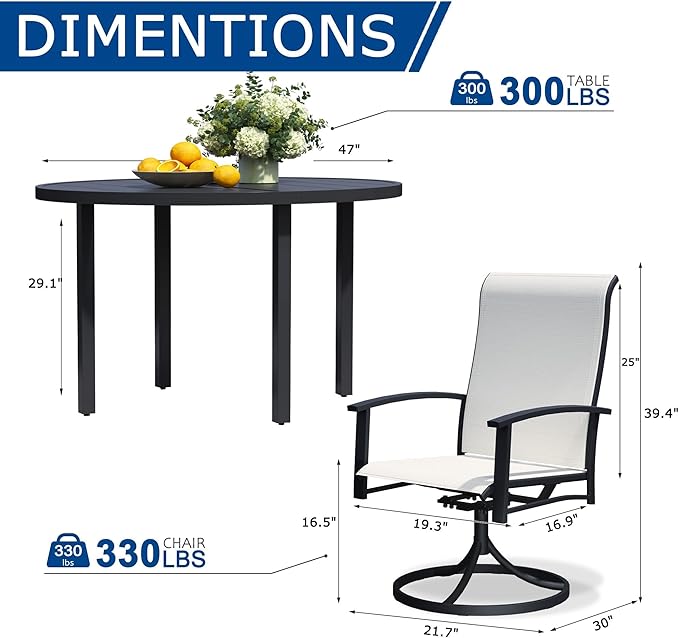 7 Pieces Outdoor Table and Chairs for 6, 47" Black Round Table with 6 Oyster Beige Swivel Chairs, Patio Set with Swivel Chair, Garden Tables for Outdoor, Patio Dining Set for Lawn Backyard Poolside