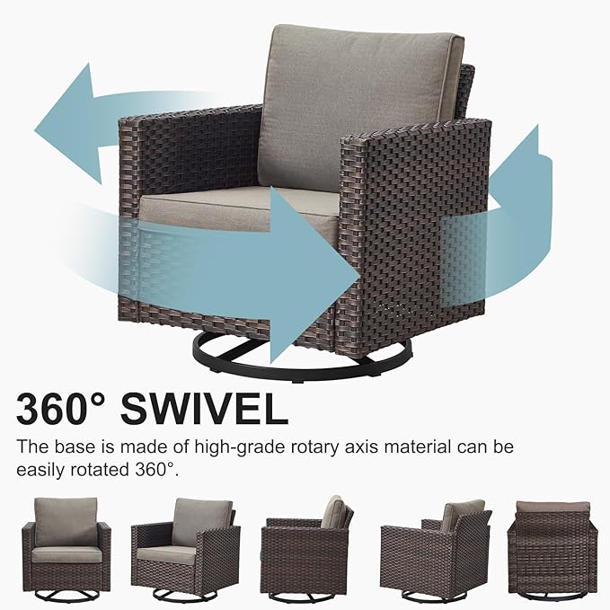 Belord Spacious 11 Pieces Patio Conversation Set - 5-Seater Outdoor Furniture Sectional Sets with Swivel Glider Chairs Set of 4 and Storage Box, Metal Top Coffee Table with Embedded Ottoman Brown
