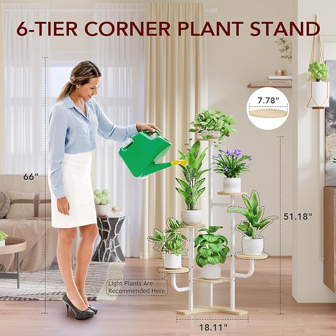 Homsorout Corner Plant Stand with Grow Light - 6 Tier Plant Stand Indoor Round Metal Plant Shelf with Adjustable Light, Plant Organizer for Living Room, Graden, Home Decor (Maple)