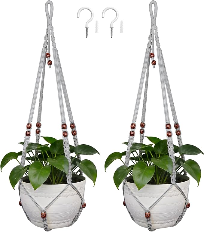 HOREAKHJ 35 Inch Macrame Plant Hanger, Large for up to 15 Inch Pot Extra Long Hanging Planter Holder Basket with Wood Beads for Indoor Outdoor Home Decor (Grey, 2-Pack)