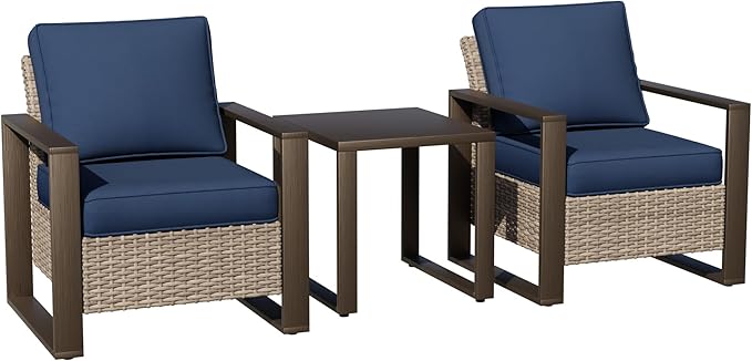 Joyside Outdoor Patio Chairs, 3 Pieces Wicker Rattan Furniture Set, 2 Patio Chairs and 1 Table, Metal Wide Armrest, Thick Cushions and Deep Seating for Garden, Backyard, Porch, Deck