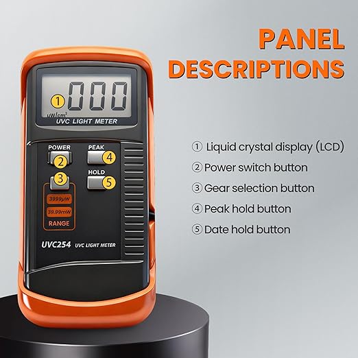 AMTAST UV Light Meter Professional UV Monitors Measurable of UVA UVB & UVC Light Measure Tester with 320~390nm Range Portable UV Sunlight Tester (Model UVC254)