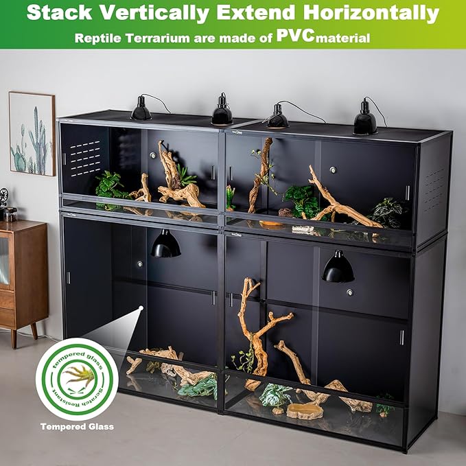 ToxiRium Reptile Tank 4-Pack Connectable Kit, 48"x24"x46" and 48"x24"x24" PVC Enclosures, Extra Large & Tall Stackable Terrariums for Bearded Dragon & Ball Python with Front Glass Doors & Locks