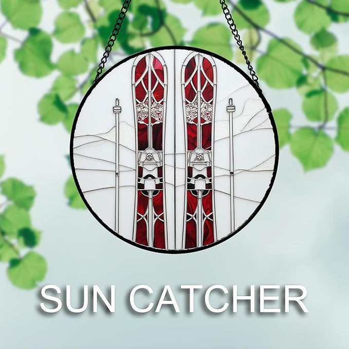 AMDERVEN Stained Glass Window Hanging 4 Pcs Set Winter Skiing Red Christmas House Large 15" - Suncatcher Door Garden Sun Catcher Decor Birthday Mother's Day for Mom Woman Nana Friend
