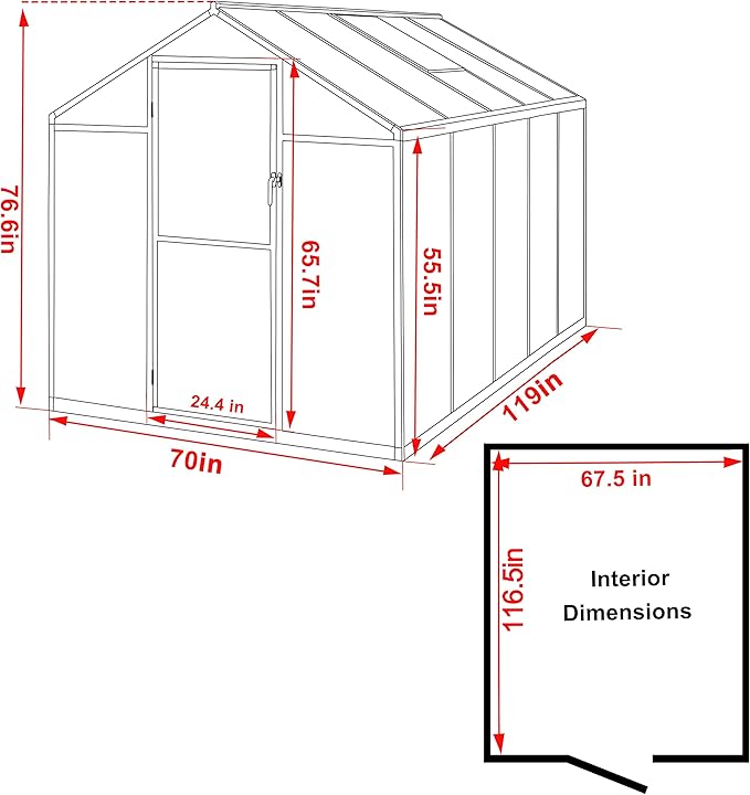 6' x10' Polycarbonate Aluminum Greenhouse Kit for Outdoor, Walk-in Greenhouse with Lockable Door and Adjustable Roof Vent, Backyard Garden in Winter, Gray