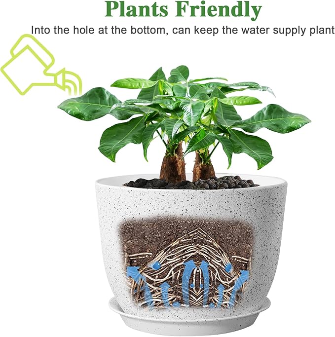 UOUZ 12inch Large Plant Pot, Modern Plastic Planter with High Driange Holes and Saucer for Indoor Outdoor Garden Plants and Flowers, White Speckles