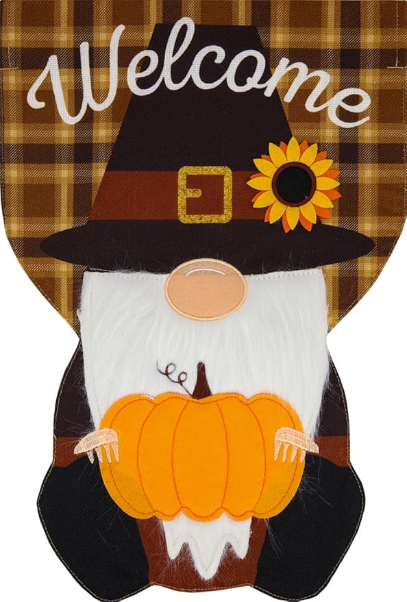 Pilgrim Gnome Thanksgiving Burlap Garden Flag Humor 12.5" x 18" Briarwood Lane