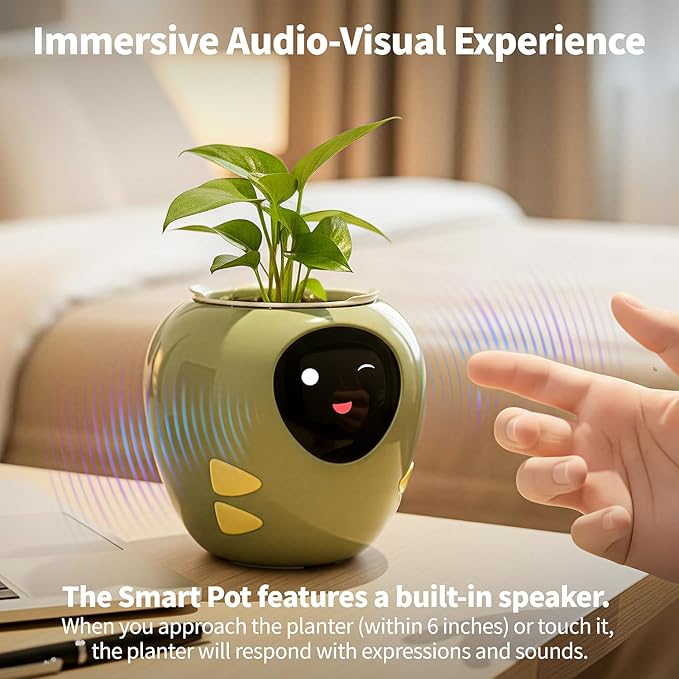 Plantbot Upgraded Large Smart Flower Pot Pet Planter Robot with Artificial Intelligence, Time Temperature Display, and Numerous Expressive Animations Based, for Indoor Decoration, Gifts (Yellow)