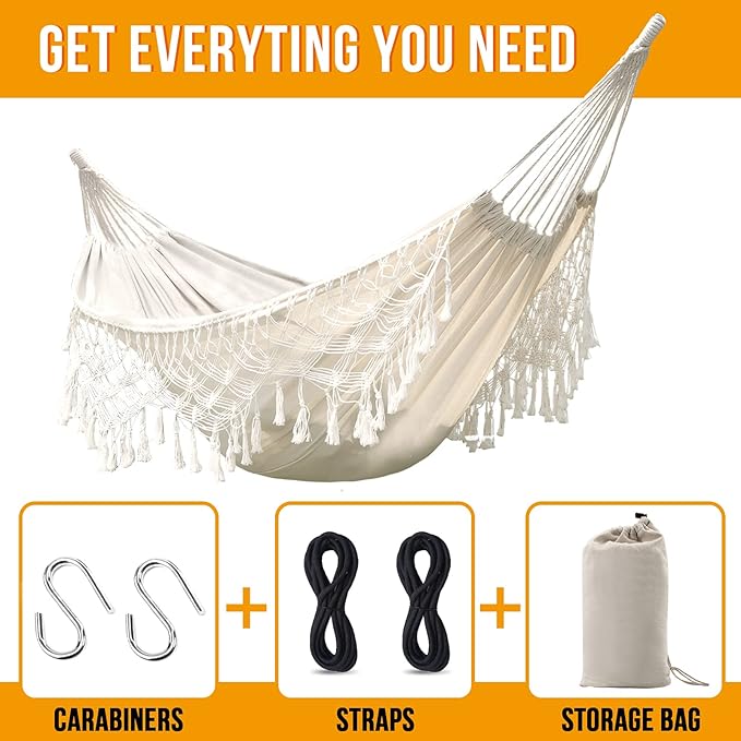 Hammock Boho Large Brazilian Macrame Fringe 2 Person Double Deluxe Hammock Swing,Perfect for Camping Outdoor/Indoor Patio Travel Bedroom Backyard(White)