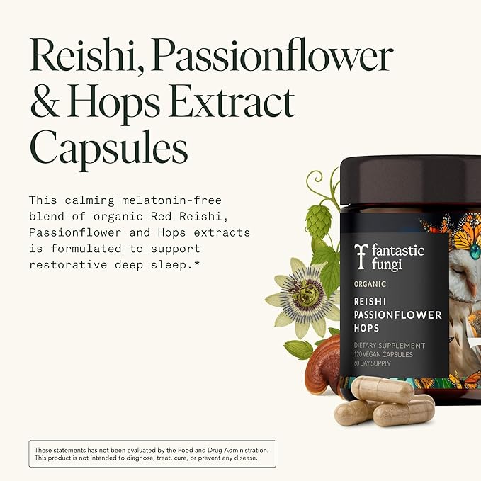 Fantastic Fungi Reishi Mushroom Capsules - Sleep Supplement for Adults with Red Reishi Mushroom Extract, Passionflower & Hops - Adaptogenic, 100% USDA Organic Complex, Vegan, 120 Caps (2-Month Supply)