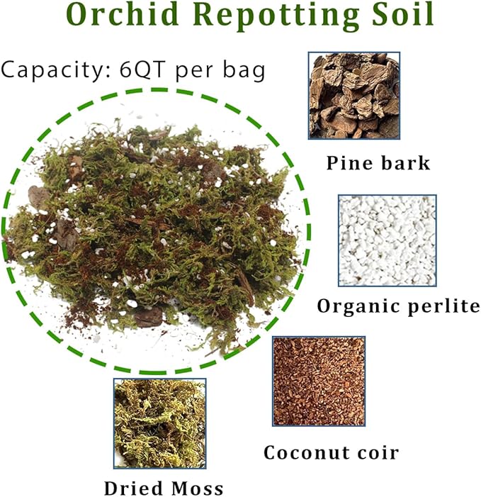 JFWOD 6QT Orchid Potting Mix with Moss Pine Bark Mulch Perlite & Coco Peat Natural Ingredients, Orchid Repotting Soil Medium Great for Indoor Plant Root Climbing & Expanding