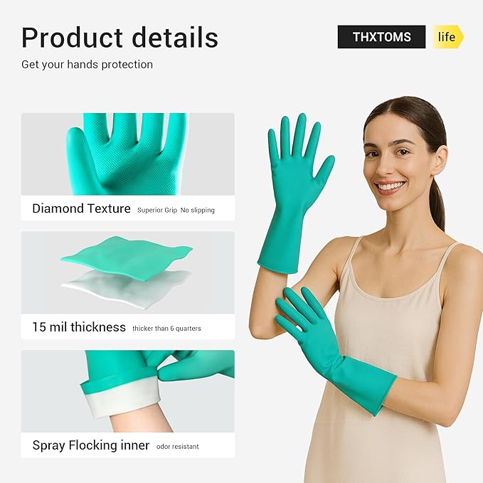ThxToms 10 Pairs Nitrile Chemical Resistant Gloves, 15mil,13", Reusable Latex Rubber Free Heavy Duty Gloves, Acid Alkali Oil Protection, Industrial Use and Household Cleaning, Non-Slip, Medium