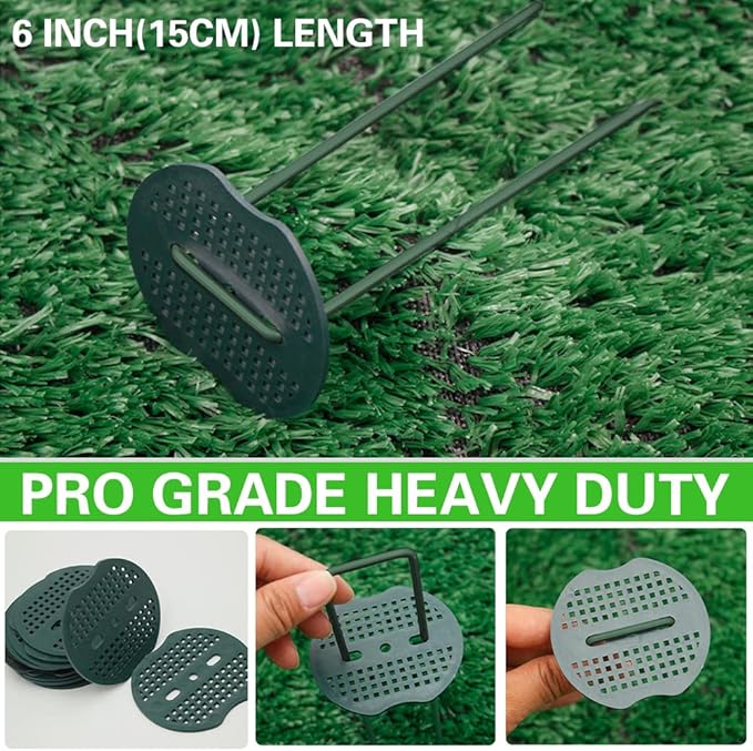 Bakulyor 150pcs Green Artificial Turf Stakes Staples + 150pcs Buffer Washer, 6 Inch 11 Gauge Landscape Staples, Galvanized Lawn Spikes, Heavy Duty Yard Ground Pin for Grass Weed Barrier Sod Fabric