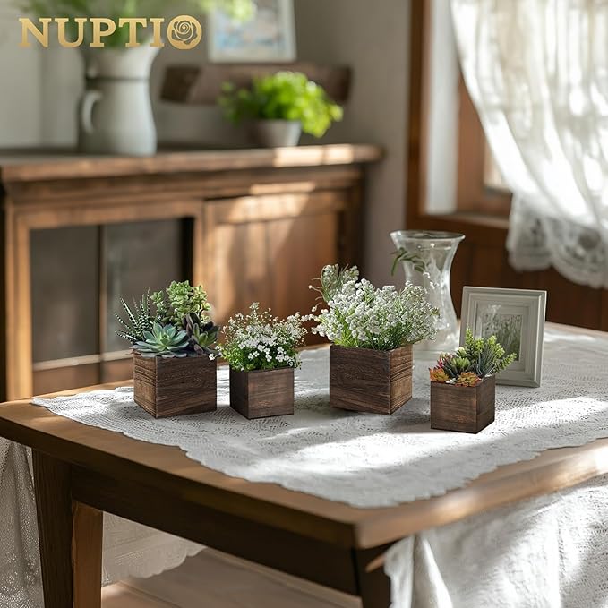 NUPTIO Wooden Box for Centerpiece Wedding: 6 Pcs Rustic Square Planter Box for Christmas Table Fall Decorations - 4×4" & 5×5" Small Wood Vases Flower Pots for Windowsill Home Garden Decor