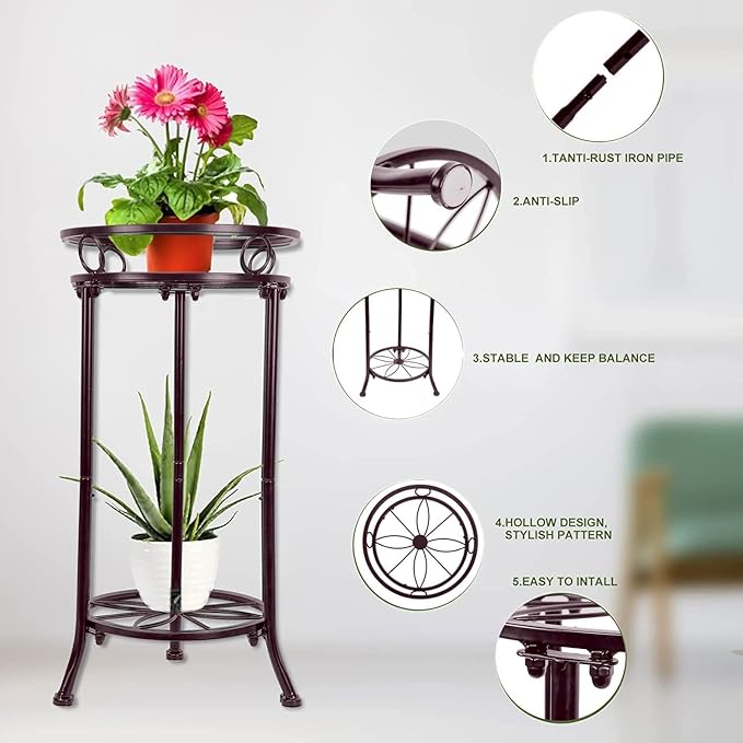THKFUL 20.3" Christmas Gift Metal Plant Stand 2 Pack - Heavy Duty Rustproof Double-Layer Round Potted Plant Stands Modern Flower Pot Stand for Indoor Outdoor Home Patio Garden Balcony (Brown)