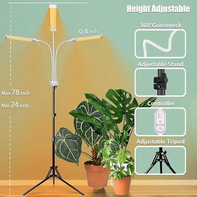 Secefeao Grow Lights for Indoor Plants Full Spectrum, LED Plant Light with Stand, Adjustable Height, 4/8/12H Timer, 10 Dimmable Levels & 3 Lighting Modes (315 LEDs Stand)