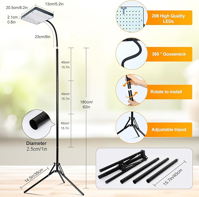 GroCruiser Tall Bonsai Tree Grow Light with Stand, 25 Watt Standing Plant Growing Lamps for Large Houseplants, Adjustable 12"-48" Tripod Stand Grow Light, Daisy Chain Function, On/Off Switch