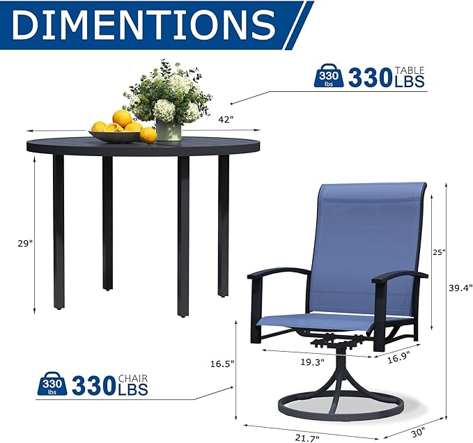 5 Pieces Outdoor Table and Chairs for 4, 42" Black Round Table with 4 Blue Swivel Chairs, Patio Set with Swivel Chair, Garden Tables for Outdoor, Patio Dining Set for Lawn Backyard Poolside