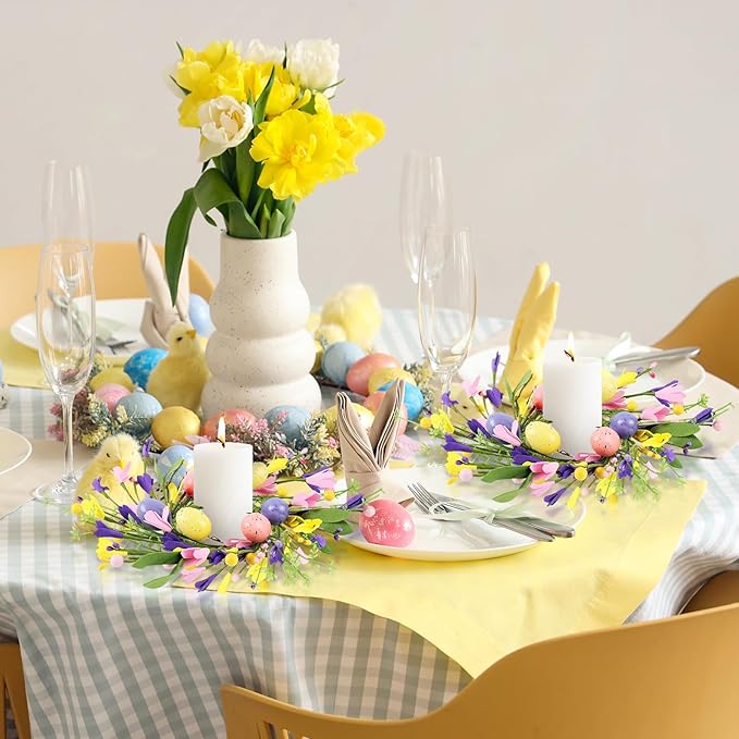 8 PCS Mini Easter Wreaths for Front Door Small Artificial Pastel Easter Egg Kitchen Cabinet Wreath Spring Summer Hanging Floral Wreath with Ribbon Berry for Home Porch Wall Window Farmhouse Decor