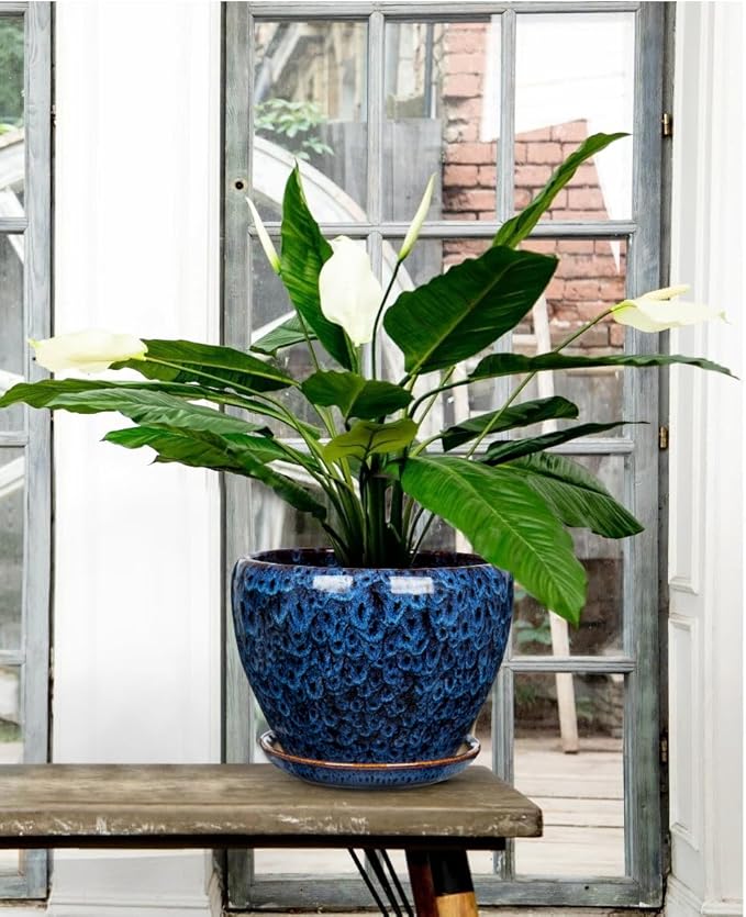 Hollyone 9+7 Inch Ceramic Planter Set of 2 Blue Ceramic Plant Pot for Plants Flowers with Drainage Hole and Saucers Ceramic Glaze Round Plant Pot Indoor Outdoor Large Succulent Orchid Flower Pot