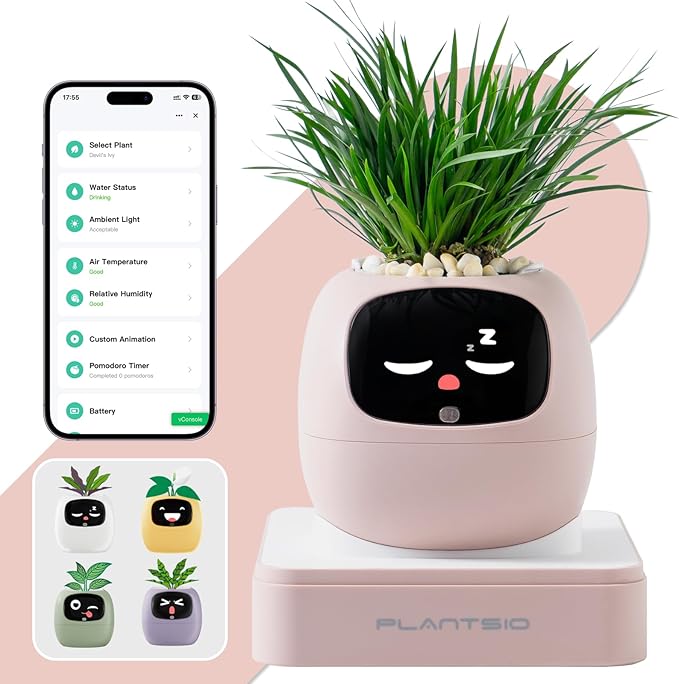Plantsio AI Smart Pot for Plants with App Control, Self-Watering, Visual Display & 80ml Reservoir, Digital Plant Pot Supports 100+ Plants, Pomodoro Timer, Clock & Calendar,Desk & Office Planter-Pink