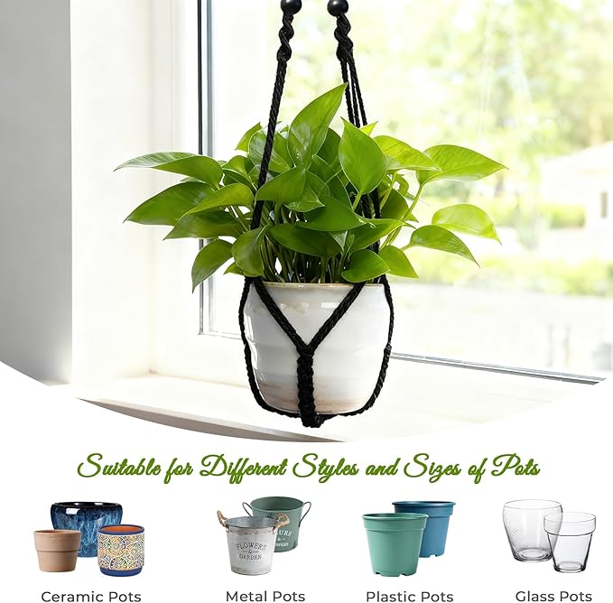 EJGIEGSO Macrame Plant Hanger, Up to 4-15 inch Pots, Wood Beads Cotton Hanging Planter Holder for Indoor Outdoor Boho Home Decor, 35 Inch, Set of 2 (Black)