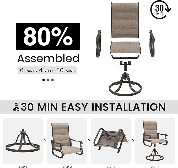 Patio Swivel Chairs Set of 2, Outdoor Dining Chairs with High Back, All-Weather Swivel Rocker Chair for Lawn, Porch or Garden (Padded Brown)