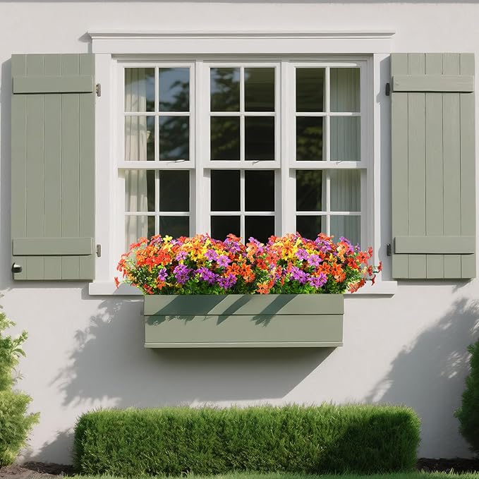 Homsunny Artificial Flowers for Outdoors 12 Bundles Fake Plants Spring Home Decoration, Realistic Faux Flower Silk Daisy with Eucalyptus Stem UV Resistant Patio Planter Porch Yard Window (4 Colors)