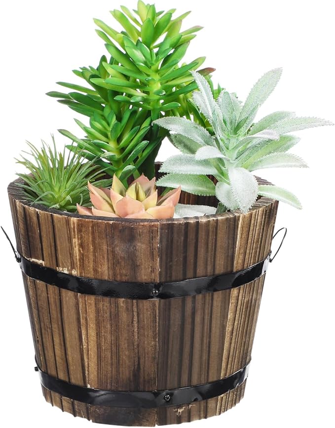 Wooden Round Barrel Planter Flower Pot for Succulents with Permeable Bottom 7.08X7.08X5.9 Inches Indoor Outdoor Home Office Garden D Cor